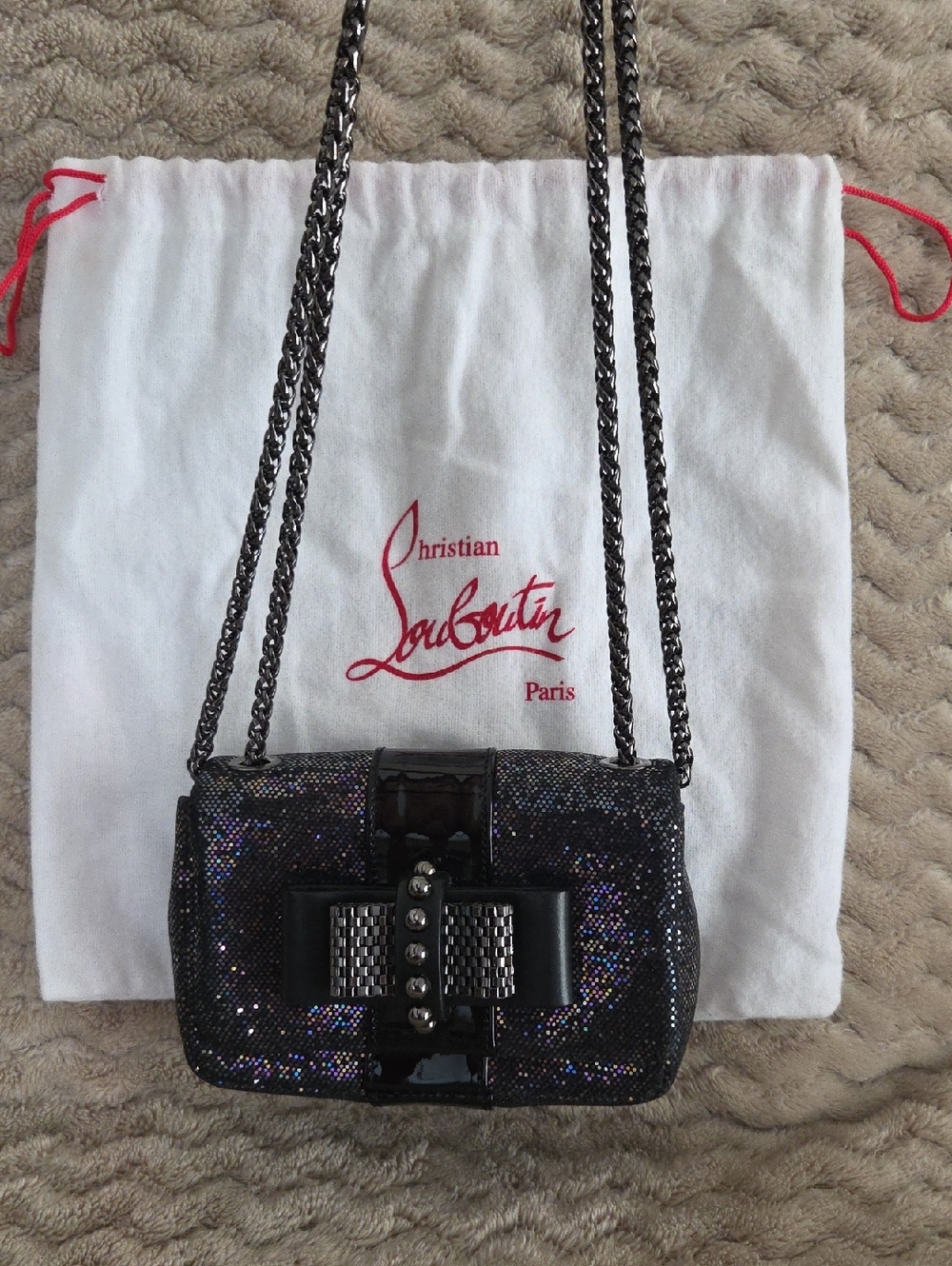 Christian Louboutin Black Glitter Bow Chain Shoulder Bag NWOT